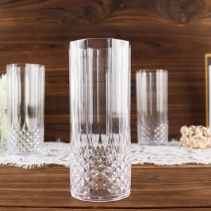 6-Pack Transparent Plastic Highball Drink Glasses 14oz, Crystal Cut Style Clear - Shatterproof Tall Cocktail Tumblers - Pack of 6 Glasses
